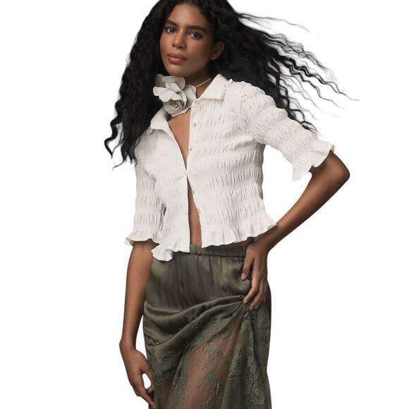 Anthropologie Maeve White Smocked Button Front Top - Picture 1 of 11